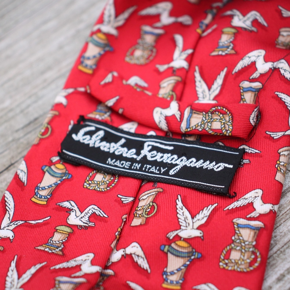 Salvatore Ferragamo Silk red nautical seagull tie